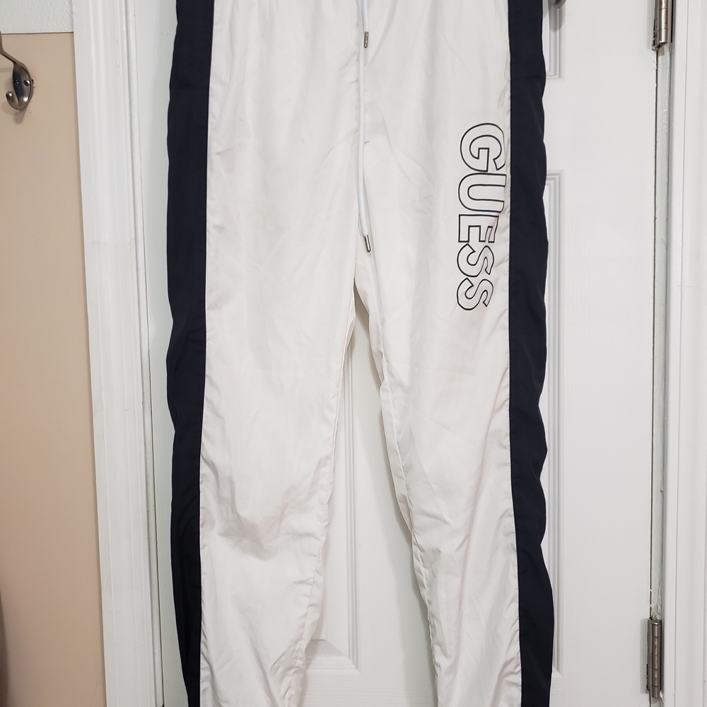 Vintage Guess Windbreaker Pants White with Black Stripes Size M